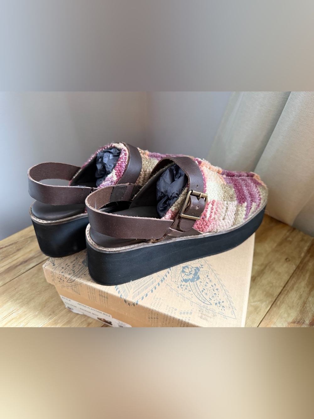 Free People Astrid Pink & Cream Woven Platform Clogs with Brown Strap - Picture 3 of 5